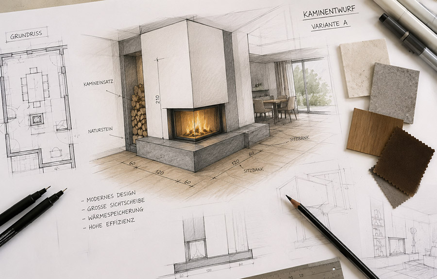 3D-Planung einer Kaminanlage mit Grundriss und Materialmustern